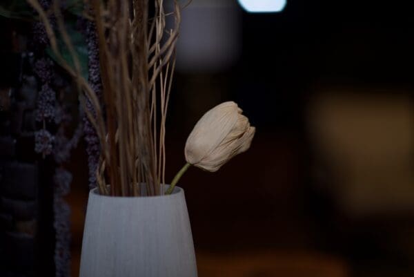 A white vase with some flowers in it